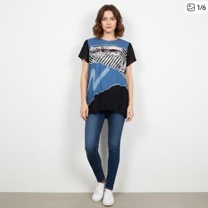 Lavena Patchwork Denim and Lace Top polyester Lg